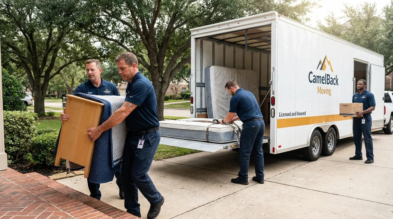 Crew loading residential truck for cross-state move from Belleair Beach, FL