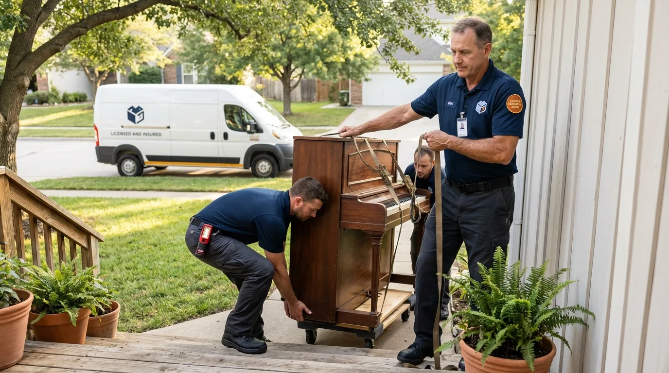 Licensed piano movers securing grand piano in Belleair Beach, FL