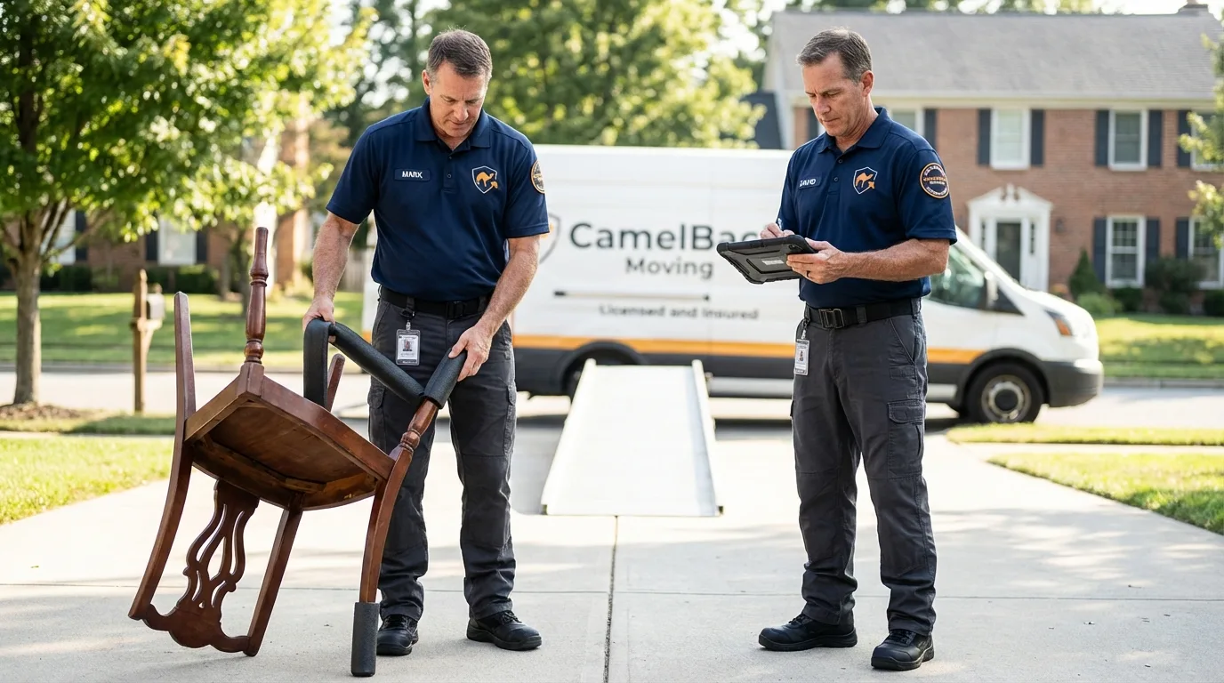 Movers inspecting furniture for damage prevention before loading in Belleair Beach, FL
