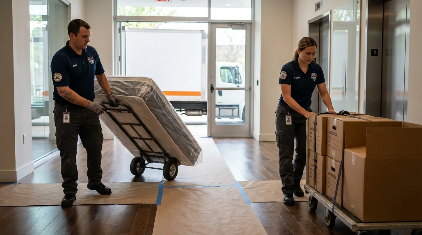 Professional apartment movers loading elevator in Belleair Beach, FL