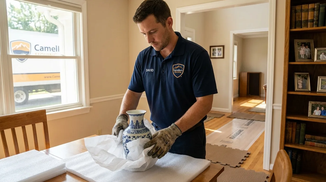 Professional crew carefully wrapping antique vase for senior downsizing move in Belleair Beach, FL